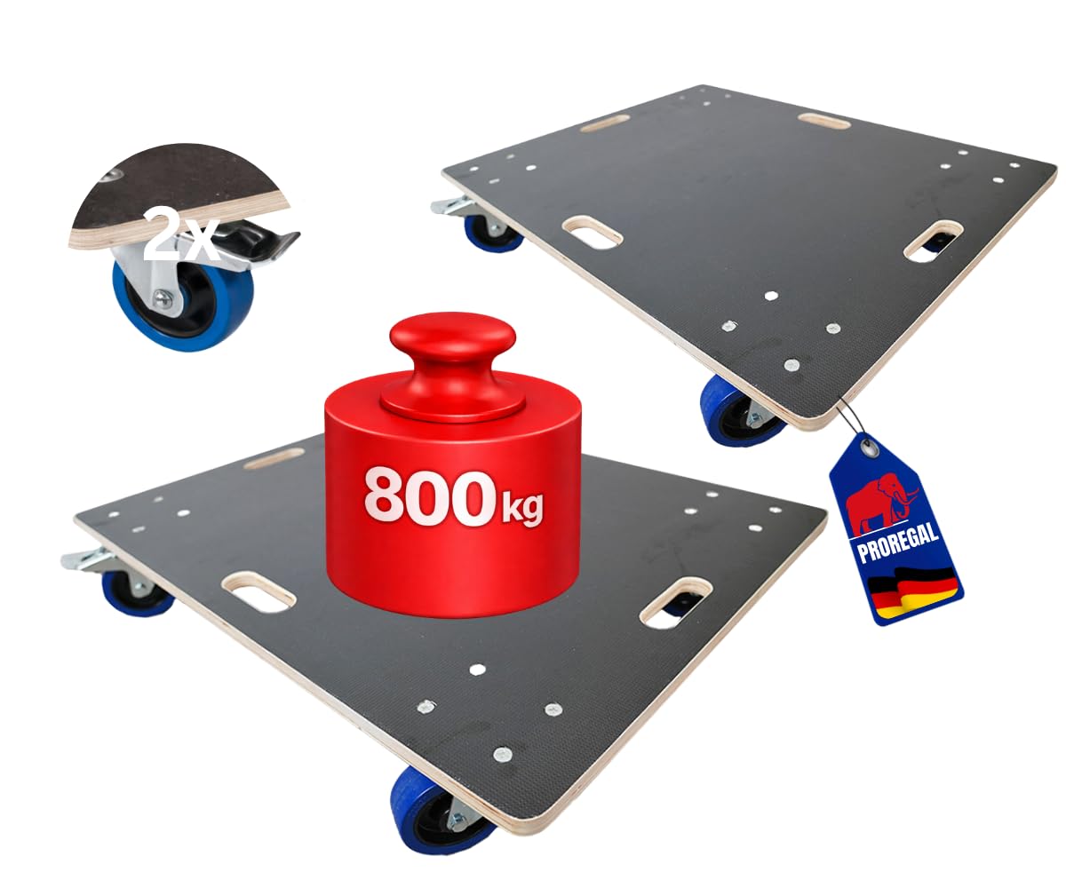 PROREGAL 2er Set Transportroller 800kg 80x60 cm mit 2X Feststellbremse Hercules Schwerlast 4 Gummirollen & Griff, Siebdruckplatte rutschfest, Rollbrett für Möbel Reifen Kisten Möbelroller Werkstatt