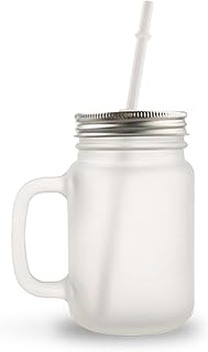 Johnson Plastics Plus JPPlus Frosted Clear Glass Mason Jar Drinking Glass, 12oz with Handle and Lid- Each