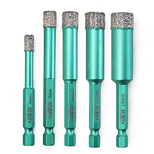 FACHLICH Dry Diamond Drill Bits Set,6 8 10 12 14mm with Quick Change Hex Shank,for Granite Marble Tile Porcelain Ceramic Hard Materials