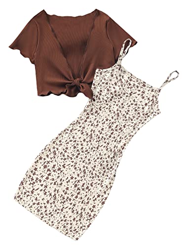 OYOANGLE Girl's 2 Piece Outfits Floral Print Sleeveless Cute Cami Dresses and Short Sleeve Lettuce Trim Tie Front Top Sets Brown 7Y