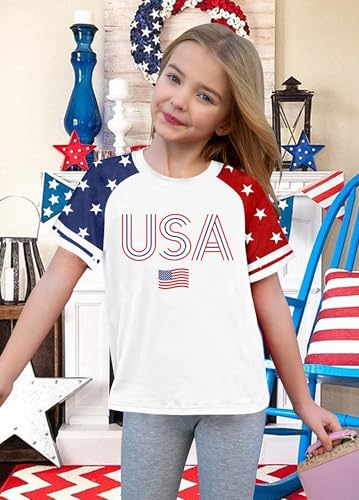 Image of CAZYCHILD Girls 4th of July USA Shirt American Flag Patriotic T-Shirt Independence Day Outfit for Kids 5-14Years