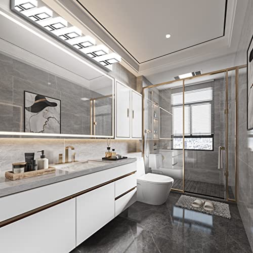Image of Ralbay 46 inch Modern LED Chrome Vanity Lights 7 Lights Acrylic Stainless Steel LED Vanity Light Fixtures Chrome Bathroom Lighting Over Mirror