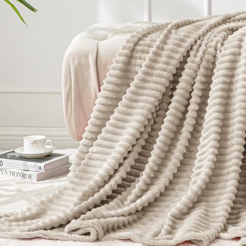 Image of BEDELITE Fleece Blanket Twin Size - 3D Ribbed Jacquard Soft and Warm Decorative Fuzzy Blankets - Cozy, Fluffy, Plush Lightweight Throw Blankets for Couch, Bed, Sofa(Linen, 60x80 inches)