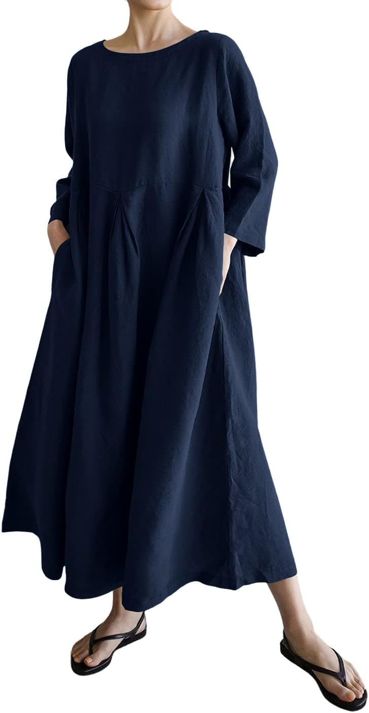 Womens Casual Long Sleeve Crewneck Cotton Linen Dress Loose Maxi Tunic Dress with Pockets