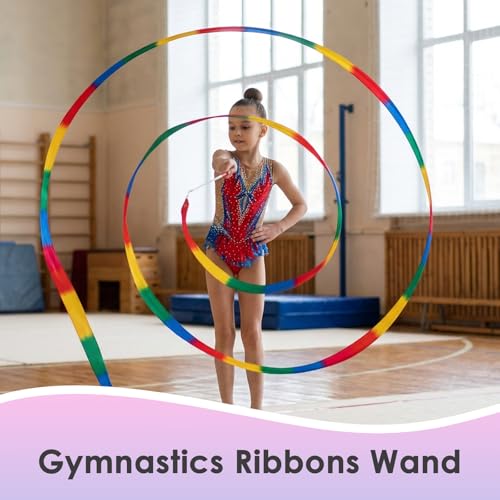Image of YGEOMER 2Pcs Dance Ribbons for Kids, Rainbow & Gradient Gymnastics Ribbon Wands, Ballet Party Favors for Girls, Birthday Decor & Performance Props