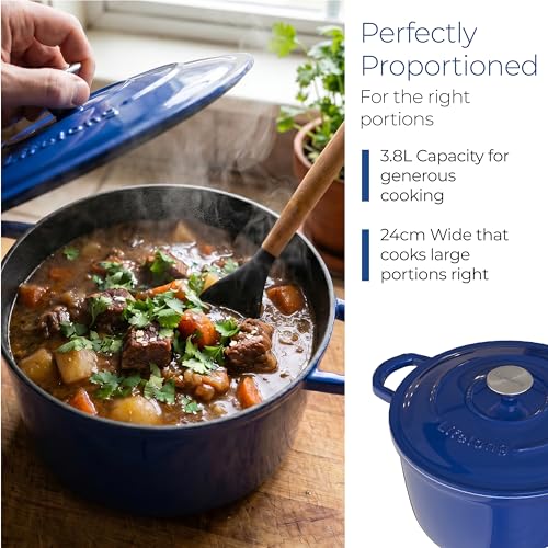 Image of Lifelong Enamel Cast Iron Dutch Oven with Lid (5.6L, 28cm) | Oven, Gas & Induction Compatible | Slow Cooking, Even Heat Distribution, Nontoxic, Durable, Naturally Nonstick, No Stains & Scratch (Blue)