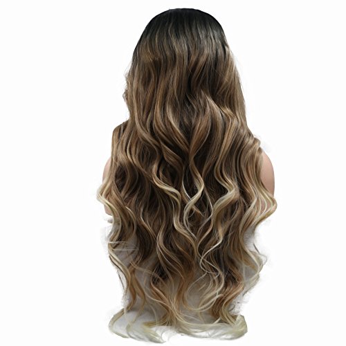 New Arrivel Body Wave Wig Dark Roots Ombre Brown Blonde Hair Tips Synthetic Lace Front Wigs 3 Tone Long Heat Resistant Handmade Hairstyle Natural Look Stythetic Wig 26 inch