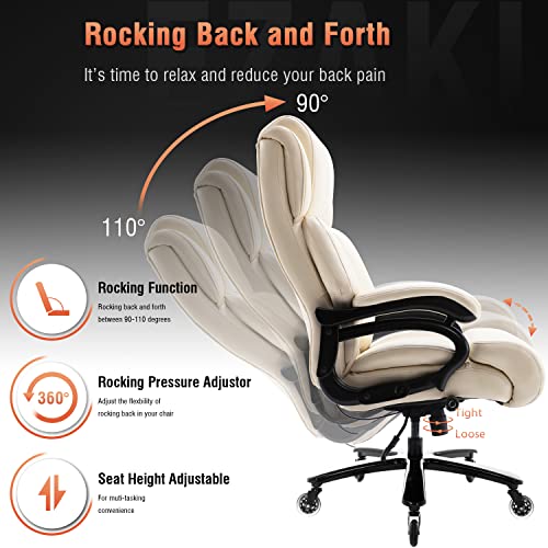 Big And Tall 400Lbs Office Chair - Adjustable Lumbar Support Heavy Duty Metal Base Quiet Rubber Wheels High Back Large Executive Computer Desk Swivel Chair, Ergonomic Design For Back Pain, Beige #TOP3