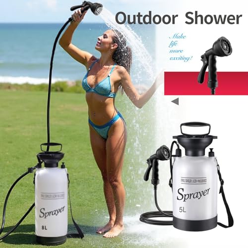 Ducha portátil manual de presión para camping con 7 tipos de rociado para playa, surf, senderismo, jardín y mascotas (5L) miniatura 2