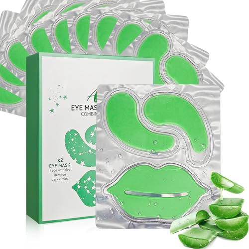 Aubelnmay Aloe Vera Under Eye Patches & Lip Mask Set (10 Pairs) - Hydrating Eye Mask for Puffy Eyes Dark Circles Dry Lips - Beauty Gifts for Women Bachelorette Party Favors