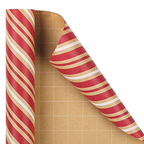 RUSPEPA Christmas Wrapping Paper, Kraft Paper - Classic Design with Red Stripes - 30 inches x 32.8 feet