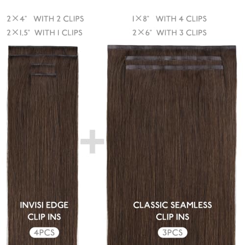 Image of WENNALIFE Invisible Edge Seamless Clip in Hair Extensions Real Human Hair | 14'' 130g 9pcs Chocolate Brown. Ultra-Thin PU Weft, Easy, Comfortable Clip in Luxury Remy Hair Extensions