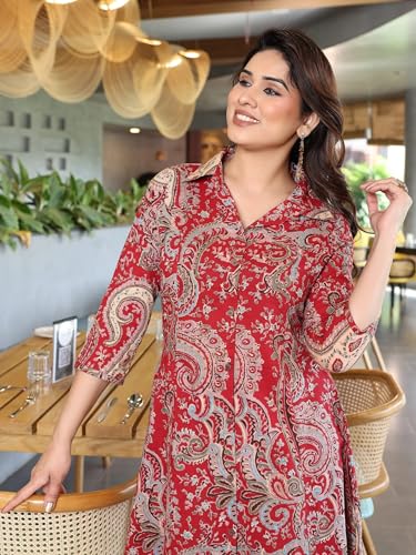 Image of Women's Red Printed A-Line Kurta with Pant Set | Soft Rayon Fabric | Stylish Collar Neck & 3 /4 Sleeves | Kurti Set