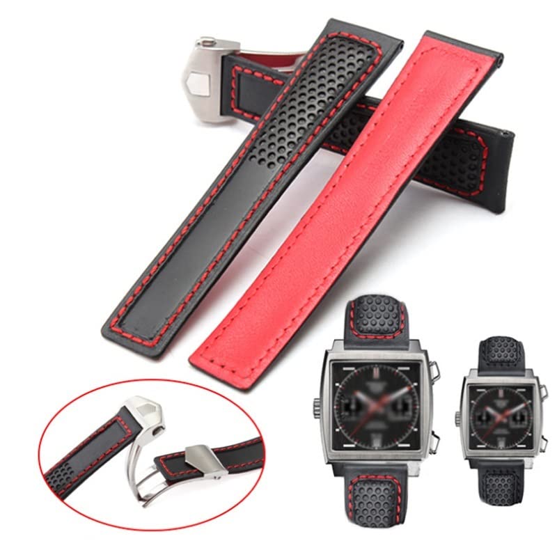 XMKT Pasek z prawdziwej skóry 22 mm do paska Tag Heuer F1 czerwone szwy Zegarki na rękę Składany pasek z klamrą Bransoletka Skórzany zegarek