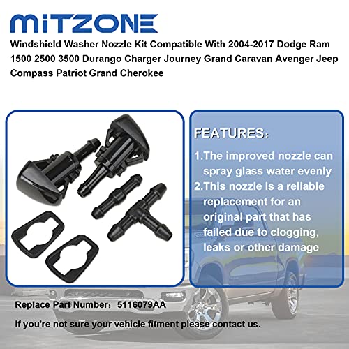 MITZONE Windshield Washer Nozzle Kit Compatible with 2004-2017 Dodge Ram 1500 2500 3500 Durango Charger Journey Grand Caravan Avenger Jeep Compass Patriot Grand Cherokee - Thumbnail 4
