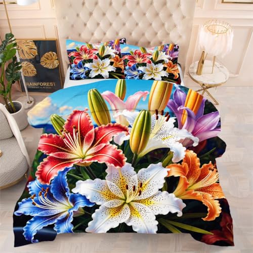 ZZXHG Edredón Matrimonio Estampado 3D | Lirios de Colores, Nórdico Reversible de 4 Estaciones, Lavable, Incluye 2 Fundas de Almohada 50x75 cm, para Cama de 105 cm