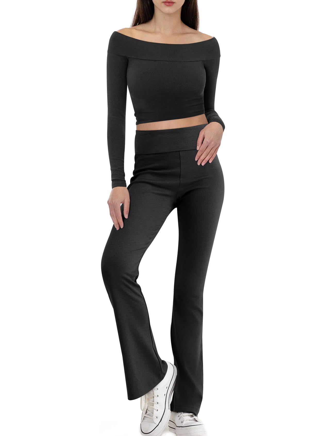 UgerlovWomen's 2 Piece Outfits Lounge Sets Long Sleeve Cropped Top Fold-over Flare Pants Matching Set Cute Pajamas