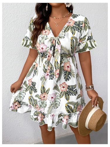 Image of SOLY HUX Women's Plus Size Boho Floral Print Short Sleeve Dress Ruffle Hem V Neck Short Dresses