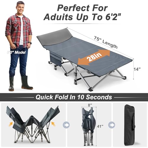 Image of ABORON Camping Cot for Adult 28 inch Extra Wide, 2PK Heavy-Duty 1200D Oxford Cot for Sleeping, Portable Folding Camp Bed with Mat & Carry Bag