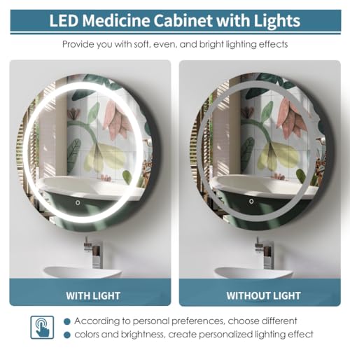 Movo 26 inch Round Black LED Lighted Medicine Cabinet with Mirror,Surface Mounted LED Mirrored Medicine Cabinets for Bathroom with Storage Shelves,6000-6500K,Surface Mount Only