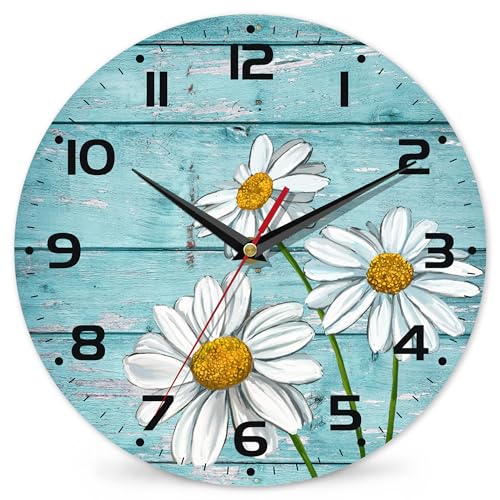 Daisy Flowers Wall Clock Vintage Wooden Wall Clock Silent Non-Ticking Battery Operated Arabic Numerals Wall Clocks Decorative for Kitchen, Office, Classroom 10 Inch