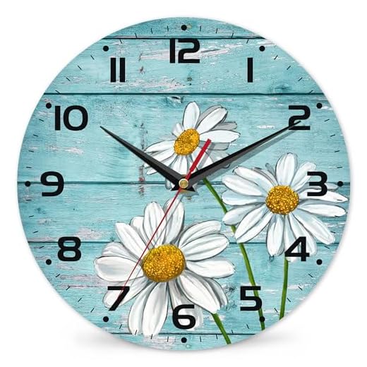 Daisy Flowers Wall Clock Vintage Wooden Wall Clock Silent Non-Ticking Battery Operated Arabic Numerals Wall Clocks Decorative for Kitchen, Office, Classroom 10 Inch