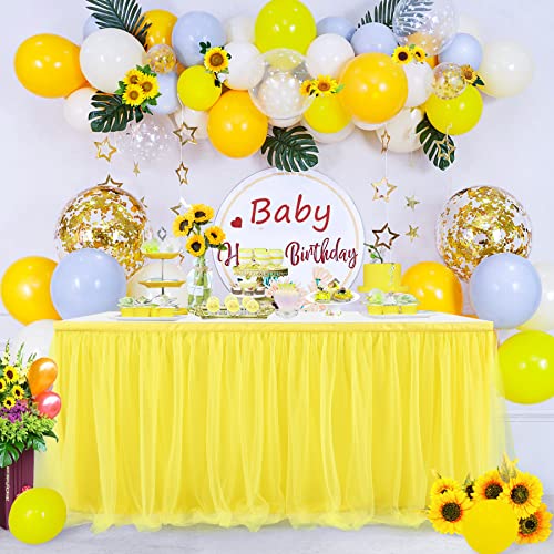 Suppromo Falda de mesa amarilla para mesas rectangulares o redondas de 6 pies, falda de tul con volantes y tutú para fiesta de cumpleaños de girasol, baby shower de limonada, boda, decoración de mesa