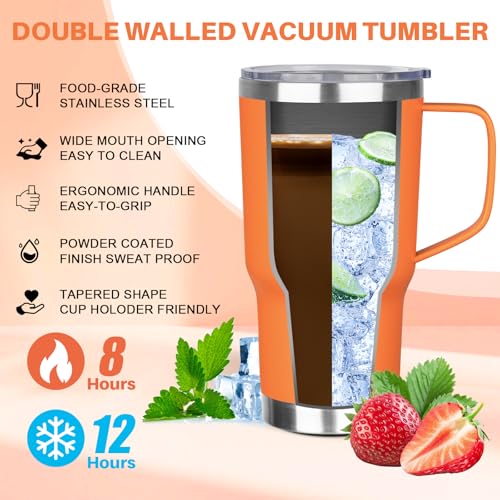 Image of 30 oz Tumbler with Handle, Stainless Steel Insulated Tumbler with Lid and Straw, Double Wall Vacuum Coffee Mug Tumbler, Insulated Coffee Thermal Cup for Cold and Hot (Orange)