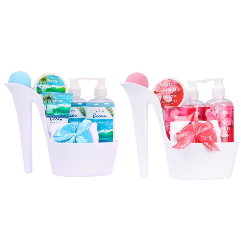 Draizee Luxury Spa Gifts for Women- Heel Shoe Spa Basket Set of 2 Ocean & Cherry Blossom Scented, Essentials Shower Gel, Bubble Bath, Body Butter &