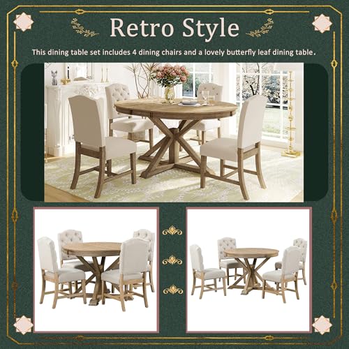 Image of Bellemave Extendable Dining Table Set for 4, 5-Piece Round Table Set with 4 Chairs, Circle Table with Upholstered Chairs, Oval Kitchen Table Set with Extendable Table (Natural Wood Wash)