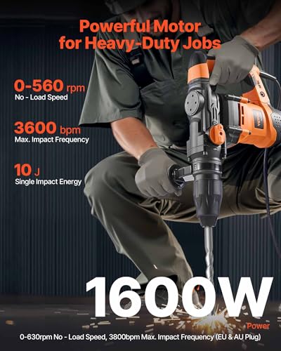 Image of VEVOR 1-9 /16 Inch SDS-Max Rotary Hammer Drill, 13Amp Corded Drills, Heavy Duty Chipping Hammers w /Vibration Control & Safety Clutch, Electric Demolition Hammers Variable Speed, Power Tool For Concrete