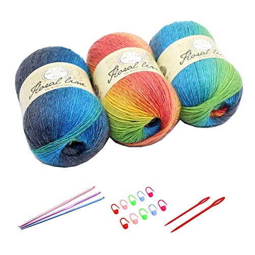 3X 100g Rainbow Wool Yarn Balls Chunky Knit Double Pom Pom Coloured Chunky Wool with 3 Crochet Hooks, 2 Needles