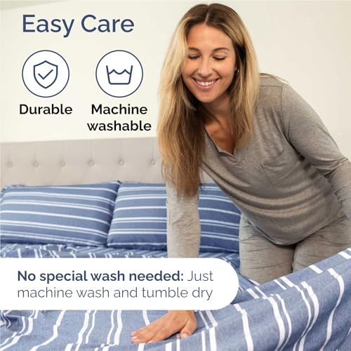 Image of Full 6 Piece Bed Sheet Set - Breathable & Cooling Sheets - Blue Stripes | Ultra-Soft Hotel Luxury Bedding Set with 8-16 Inch Deep Pockets, 1 Flat & 1 Fitted Sheet & 4 Pillowcases, Wrinkle & Fade Free