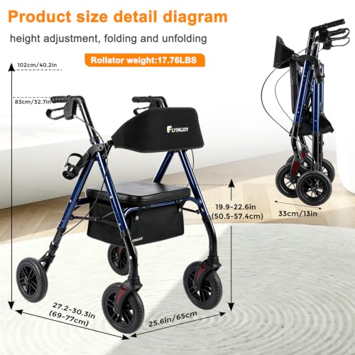 Image of Rollator Walkers for Seniors with Seat,4 Wheel Rolling Walker,300lbs | Lightweight17.76lb|Foldable|Adjustable height|Hand brakes|backrest|Storage bag|8 inchAll Terrain wheels For Indoor and outdoor
