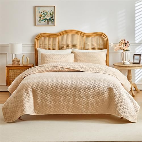 Lujoso juego de colcha acolchada de color caqui de 176 x 230 cm, incluye 2 fundas de almohada reversibles con patrón en relieve, suave y elegante para decoración de dormitorio
