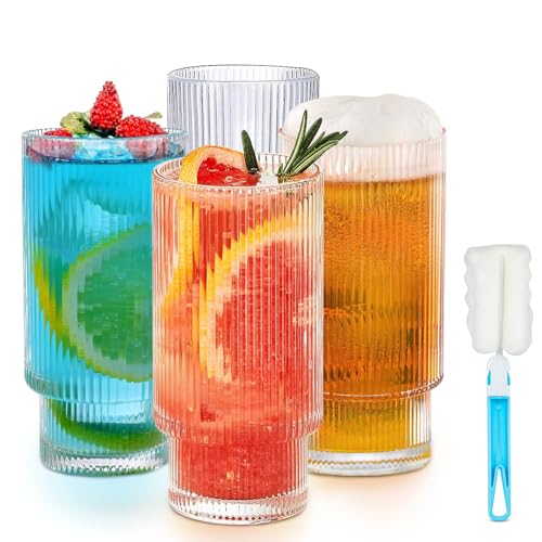 HIGSPE 500ml Vasos de Cristal Agua, 4pcs Vaso Acanalados, Apilables Vasos Cafe, Ondulados Estilo Origami Vintage, Juego...