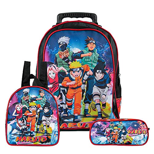 Kit Mochila Infantil com Rodinhas Personagem de Luta + Lancheira Térmica + Estojo Escolar