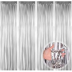 Cortinas de Oropel, 4 Pack Plata Fringe Shimmer Cortina Decoración Fondo para Fiesta de la Boda Fiesta de Cumpleaños Puerta Decoraciones de Ventanas (1m x 2m)