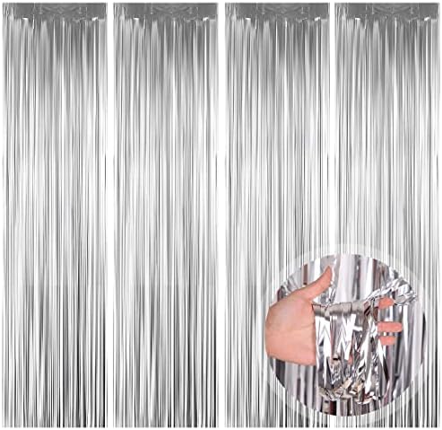 O-Kinee Tinsel Curtains, 4 Pack Silver Foil Fringe Shimmer Curtain Tinsel Backdrop for Party Photo Booth Backdrop Wedding Birthday Party Door Windows Decorations (1m x 2m)