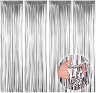 O-Kinee Tinsel Curtains, 4 Pack Silver Foil Fringe Shimmer Curtain Tinsel Backdrop for Party Photo Booth Backdrop Wedding Birthday Party Door Windows Decorations (1m x 2m)