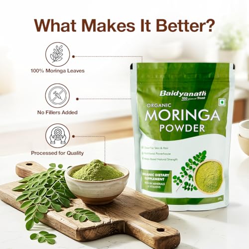 Image of Baidyanath Ayurved Certified Organic Moringa Powder 200 gm | Pure Moringa (Drum Stick) Powder | Green Superfood for Energy, Immunity & Daily Wellness | Plant-Based Herbal Nutrition Supplement