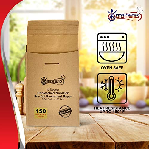 Kitchenatics Heavy Duty Unbleached Parchment Paper Sheets, Pre-Cut Parchment Paper For Baking, Nonstick Quarter Sheet Parchment Paper For Kitchen, Airfryer, Steamer, Cakes, Cookies 150 Pcs 8.5X12 In #TOP3