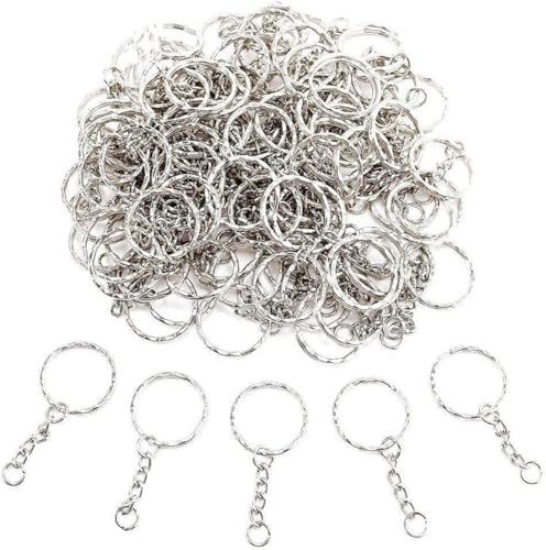 JZK 100 x Split Metal Key Rings 25mm with Link Chain + Mini Open Jump Rings for car, House, Work & DIY Craft Projects, Silver