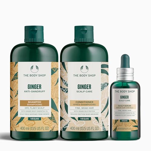 The Body Shop Anti-Dandruff Trio (Large), Ginger Anti-Dandruff Shampoo 400ml, Scalp Care Conditioner 400ml, Scalp Serum 50ml, Clarifying Routine for Dry Itchy Flaky Scalp, Vegan Haircare