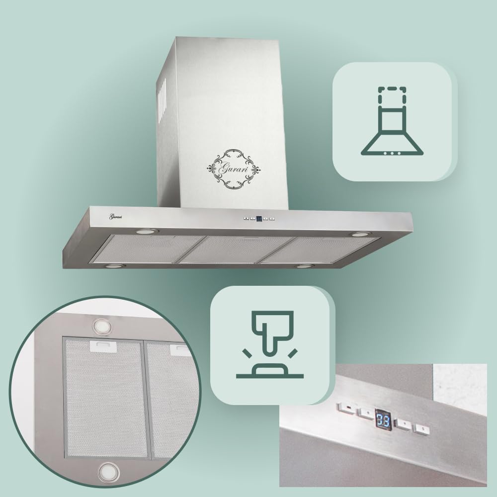 GURARI GCH I 431 90 IS PRIME - Cappa aspirante a isola, 90 cm, 1000 m³/h, in acciaio inox, telecomando, 4 LED da 1,5 W, con kit di ricircolo