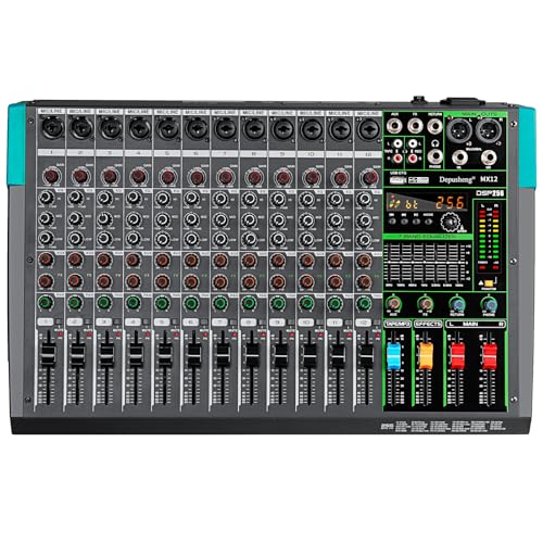 Depusheng MX12 12 Channel Sound Mixer Audio Mixing Console 48V 256DSP Professional USB PC Play Record Podcast Live Broadcast (US MX12)