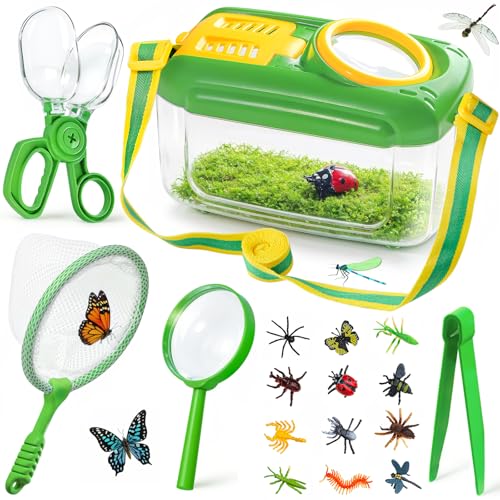 Bug Catcher for Kids, 17 PCS Bug Catching Kit with Bug Collector Toy Bugs Butterfly Net Magnifying Glass Insect Catcher Tweezers, Outdoor Explorer Kit for Kids Age 3 4 5 6 7 8