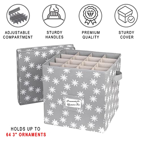 Holdn’ Storage Christmas Ornament Storage Box With Lid - Christmas Decor Storage Containers That Store Up To 64 Holiday Ornaments - Grey/White Snowflakes Trim #TOP1