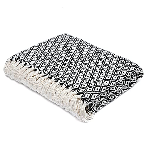 Americanflat 100% Cotton Throw Blanket For Couch - 50X60 Black And Cream Throw Blanket For Bed, Sofa, Or Chair With Mini Diamond Pattern - All Seasons Neutral Lightweight Blanket Indoor Or Outdoor Use #TOP5