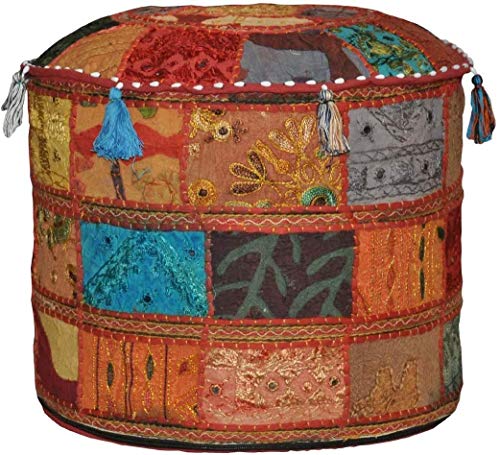 The Harry Creations Decorative Patchwork Comfortable Indian Ottoman Ethnic Cotton Cushion Bean Bag Designs Floor Embroidered Pouf Cover (Alteration, 14"x22")